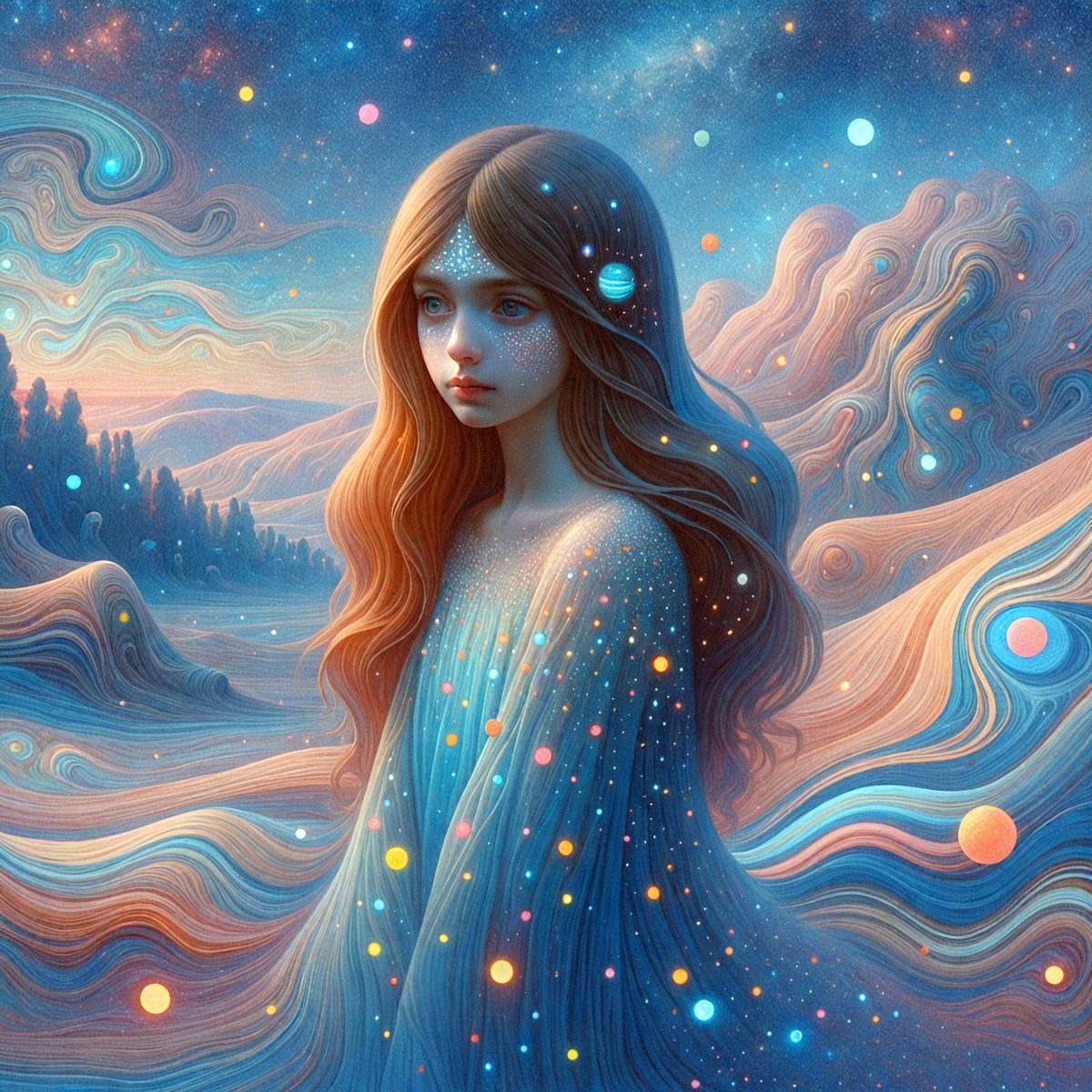 The primary subject of the image is a woman with long red hair, wearing a blue dress. She is standing in a field with a backdrop of a mountain range. The visual style of the image is digital art, and the colors and mood are predominantly blue and serene.